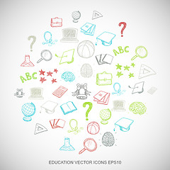 Image showing Multicolor doodles Hand Drawn Education Icons set on White. EPS10 vector illustration.