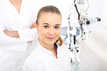 Image showing Young attractive doctor ophthalmologist at an ophthalmologist 