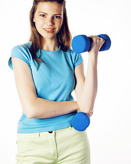 Image showing young pretty slim blond woman with dumbbell isolated cheerful smiling, measuring herself, diet people concept on white background