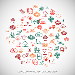 Image showing Multicolor doodles Hand Drawn Cloud Technology Icons set on White. EPS10 vector illustration.