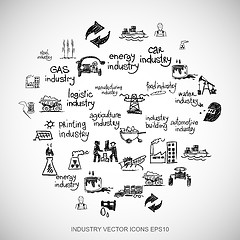 Image showing Black doodles Hand Drawn Industry Icons set on White. EPS10 vector illustration.