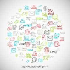 Image showing Multicolor doodles Hand Drawn News Icons set on White. EPS10 vector illustration.