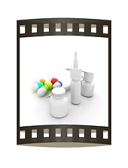 Image showing Syringe, tablet, pill jar. 3D illustration. The film strip