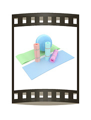 Image showing karemat and fitness ball. 3D illustration. The film strip