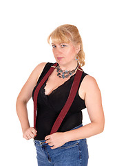 Image showing Blond woman with suspender.
