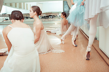 Image showing The seven ballerinas at ballet bar