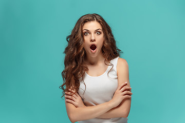 Image showing Portrait of young woman with shocked facial expression