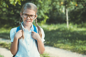 Image showing Smiling young school child in a school uniform standing against 