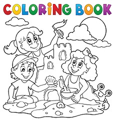 Image showing Coloring book children and sand castle