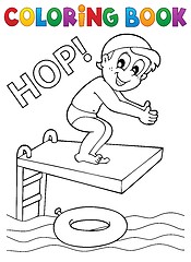 Image showing Coloring book boy jumping into water