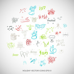 Image showing Multicolor doodles Hand Drawn Holiday Icons set on White. EPS10 vector illustration.