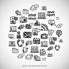 Image showing Black doodles Hand Drawn News Icons set on White. EPS10 vector illustration.