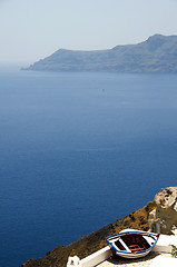 Image showing old fishing boat greek island view of caldera santorini