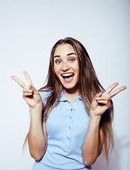 Image showing young pretty stylish blond hipster girl posing emotional isolated on white background happy smiling cool smile, lifestyle people concept