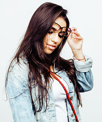 Image showing young happy smiling latin american teenage girl emotional posing on white background, lifestyle people concept 