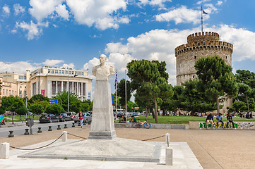 Image showing White Tower and admiral Votsis statue, Thessaloniki, Greece