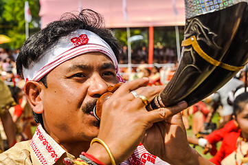 Image showing Blowing of horn in Assam