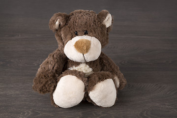 Image showing Brown teddy bear sitting on wooden background