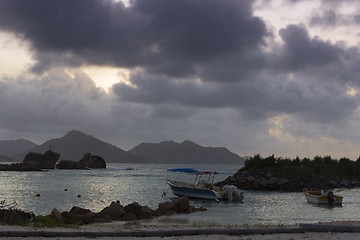 Image showing Sunset at harbour of La Dique, Seychelles