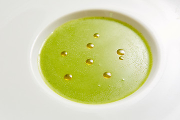 Image showing cream soup puree of green peas view from the top