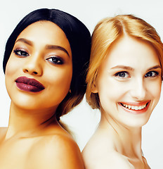 Image showing different nation woman: african-american, caucasian together isolated on white background happy smiling, diverse type on skin, lifestyle people concept