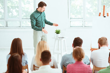 Image showing Speaker at Business Meeting in the conference hall.