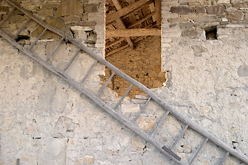 Image showing Rung ladder on a stony barn window near Perino, Valtrebbia, Italy