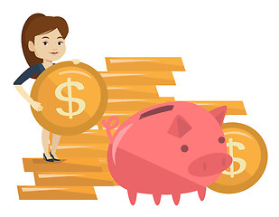 Image showing Business woman putting coin in piggy bank.