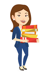 Image showing Woman holding pile of books vector illustration.