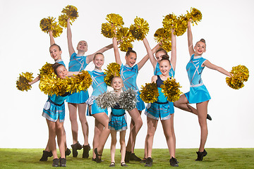 Image showing The group of teen cheerleaders posing at white studio