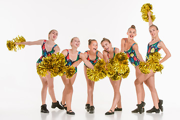 Image showing The group of teen cheerleaders posing at white studio