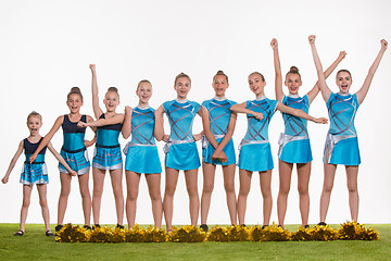 Image showing The group of teen cheerleaders posing at white studio