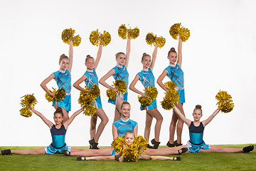 Image showing The group of teen cheerleaders posing at white studio