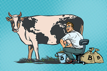 Image showing Businessman mines bitcoins milking a cow, world business