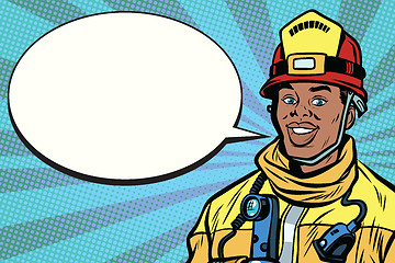 Image showing African American firefighter portrait, comic bubble