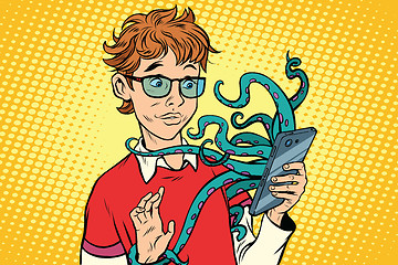 Image showing teen and octopus in the smartphone, danger online