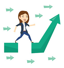 Image showing Business woman jumping over gap on arrow going up.