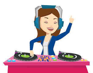 Image showing DJ mixing music on turntables vector illustration.