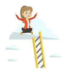 Image showing Happy business woman sitting on the cloud.