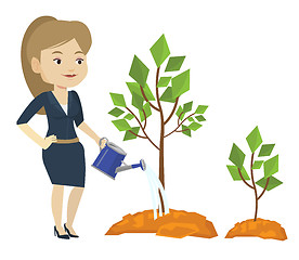 Image showing Business woman watering trees vector illustration.