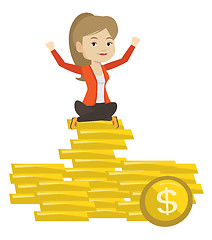 Image showing Happy business woman sitting on golden coins.