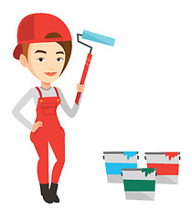 Image showing Painter holding paint roller vector illustration.
