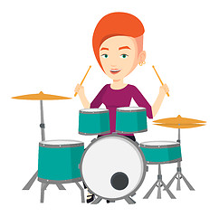 Image showing Woman playing on drum kit vector illustration.