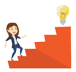 Image showing Business woman walking upstairs to the idea bulb.