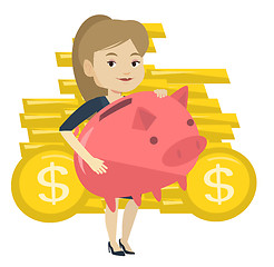 Image showing Business woman holding big piggy bank.