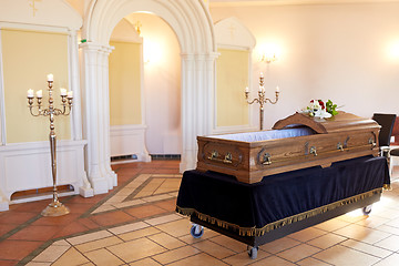 Image showing wooden coffin at funeral in orthodox church