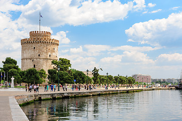Image showing People walking near White Tower, Thessaloniki, Greece