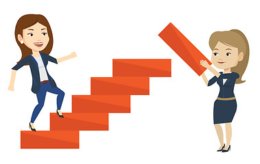 Image showing Business woman runs up the career ladder.