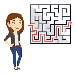 Image showing Business woman looking at labyrinth with solution.