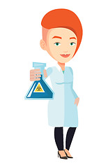 Image showing Scientist holding flask with biohazard sign.